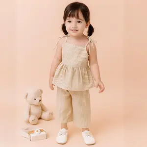 SANDRA - Setelan Anak Perempuan Salur One Set Bahan Katun Usia 1 - 8 Tahun