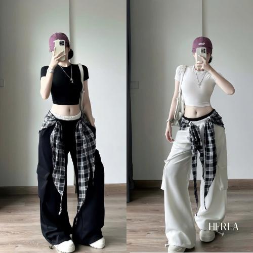 DEAL MỞ BÁN Set đồ bộ nữ sang chảnh croptop ôm tay ngắn + quần ống rộng kèm khăn kẻ caro buộc eo phong cách cá tính