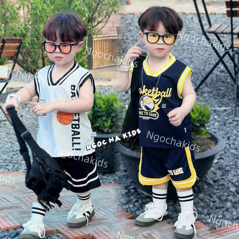 Bộ quần áo 3 lỗ số thể thao BÓNG RỔ chất vải thông hơi thoáng mát, co giãn mềm mại 2 màu cho bé mặc nhà, đi chơi size 8-28kg