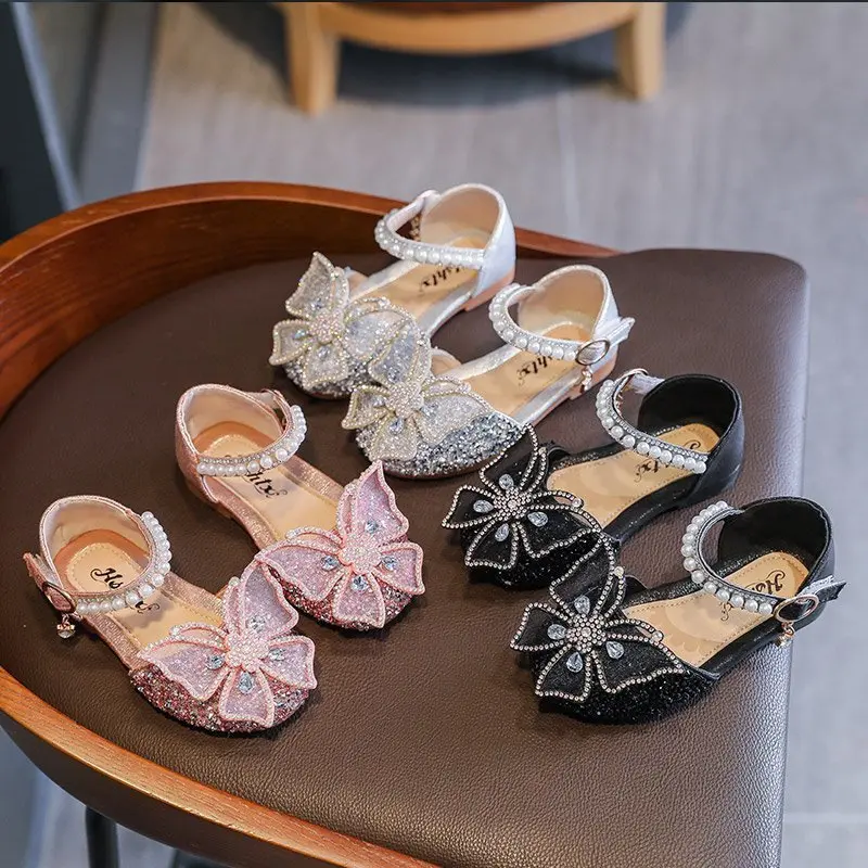 2023 New Children Princess Shoes Girls Sequins Pearl butterfly Kids Non-slip Soft Sole Fashion Dance Performance Leather Shoes