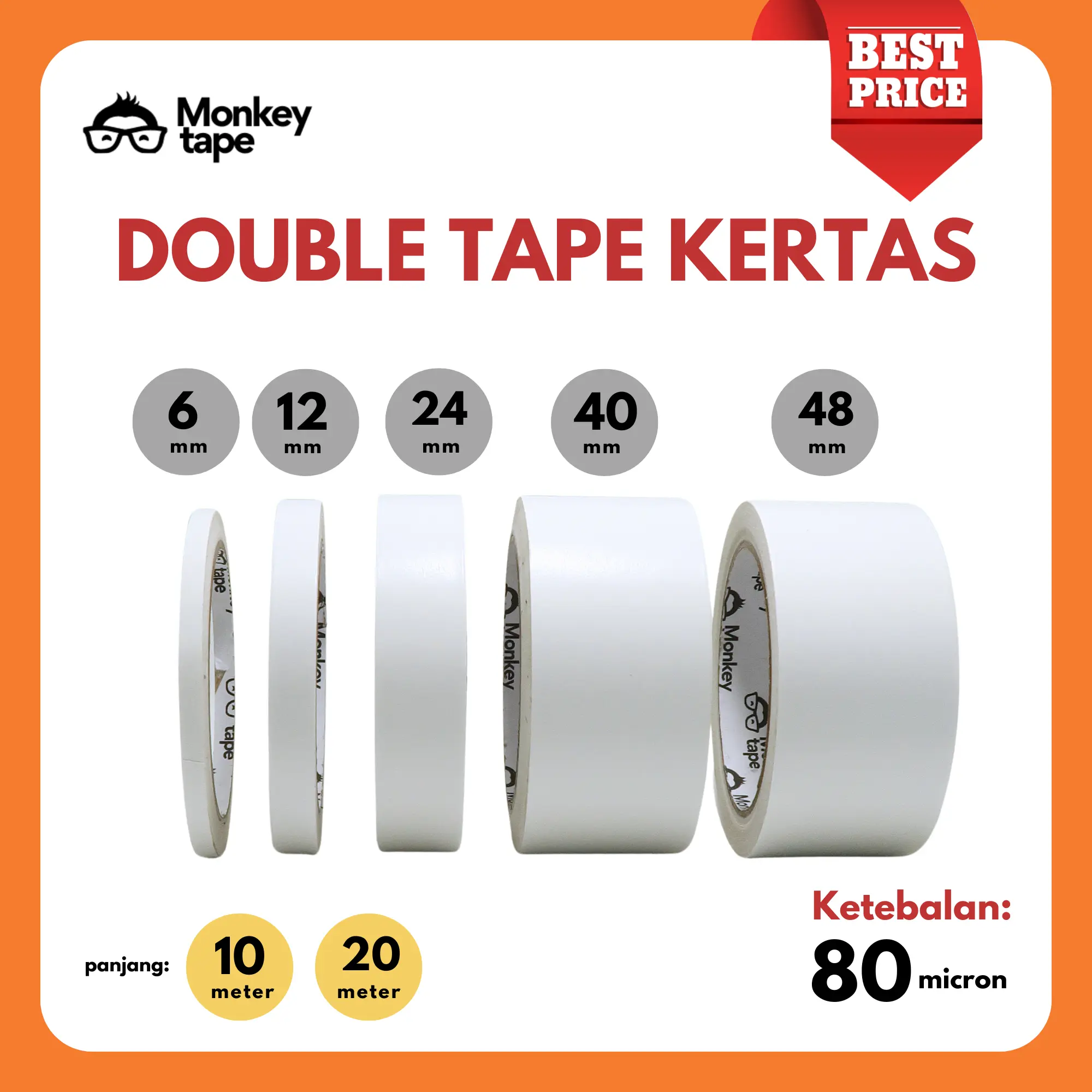 Double Tape Kertas MERK MONKEY TAPE 12mm, 24mm, 40mm, 48mm (Panjang 10 meter & 20 meter) warna Putih