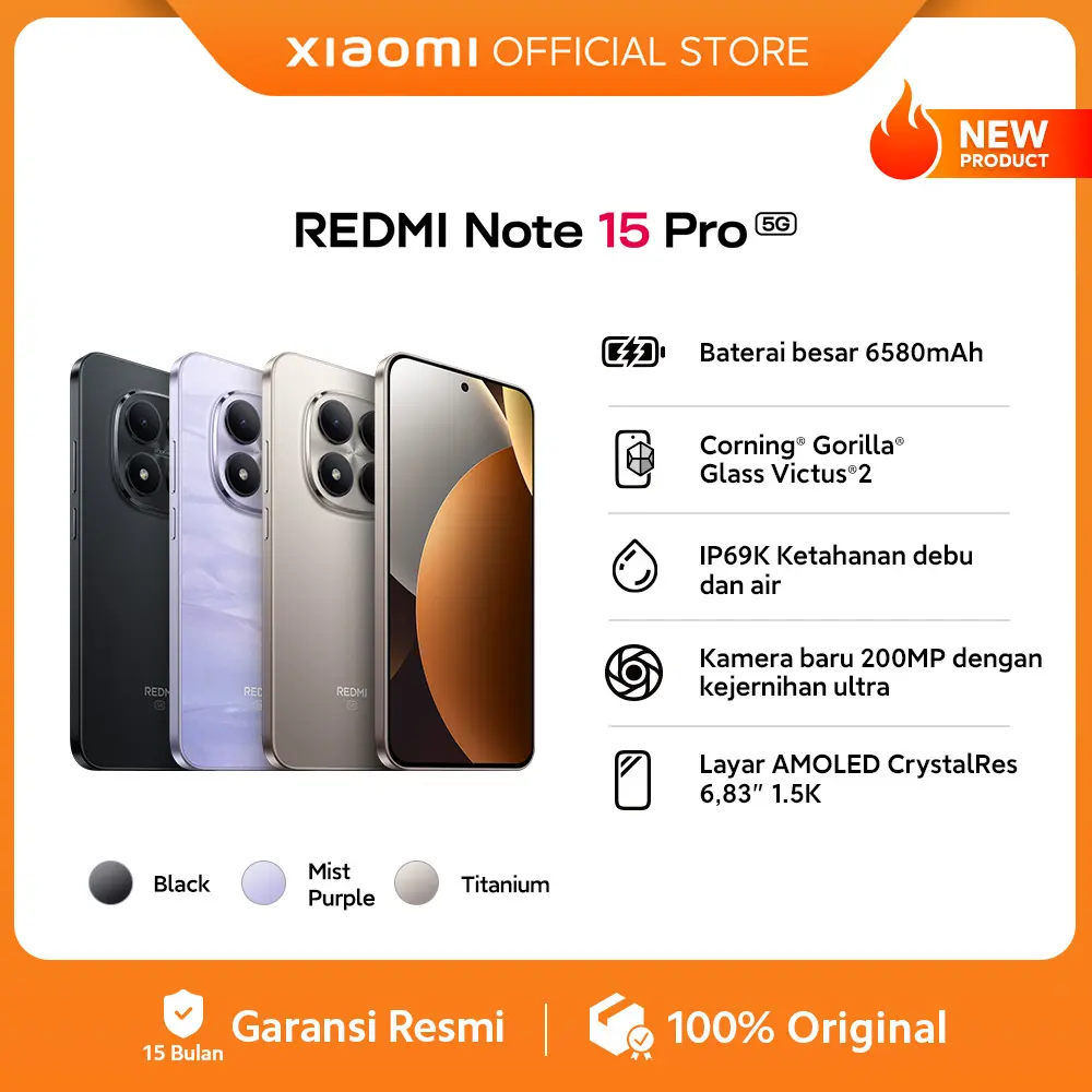 Xiaomi Redmi Note 15 Pro 5G (8/256GB) (12/512GB) |  Baterai besar 6580mAh | Corning Gorilla Glass Victus 2 | IP69K Ketahanan debu dan air | Kamera baru 200MP dengan kejernihan ultra | Layar AMOLED CrystalRes 6,83" 1.5K | NFC [Xiaomi Official Store]