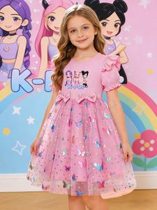Vestido elegante de princesa para niñas, estampado de mariposa estilo caricatura, vestido de verano ajustado, perfecto para Pascua, Día de San Valentín, fiestas, regalos y cumpleaños