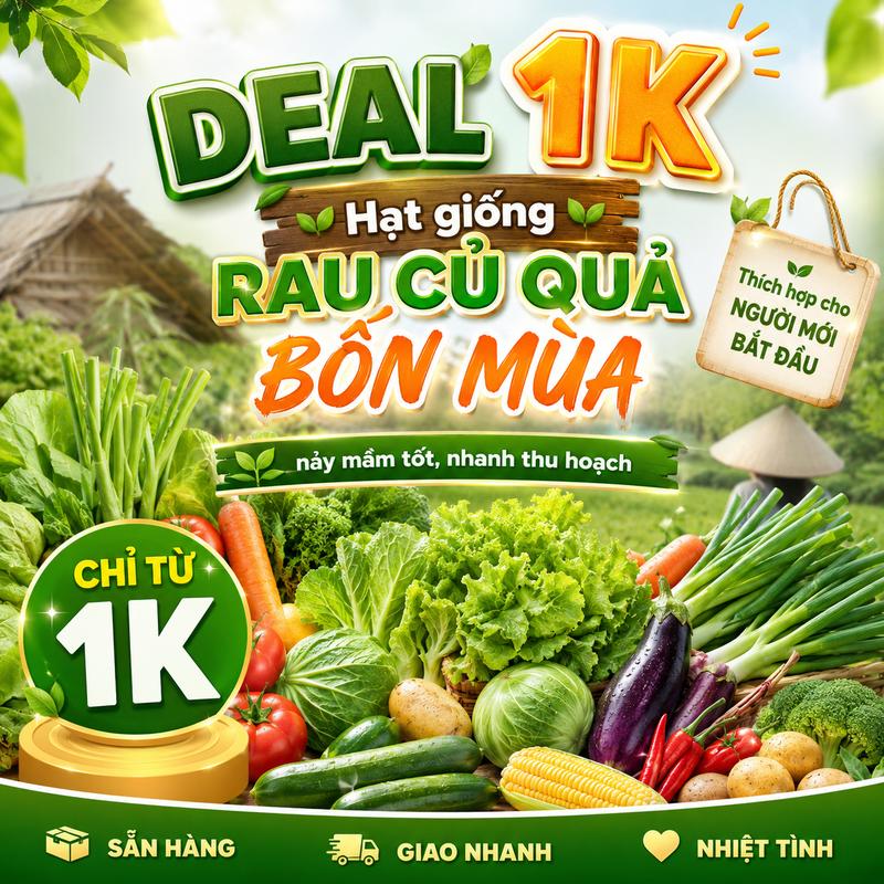 DEAL 1K - Hạt giống RAU CỦ QUẢ các loại, nảy mầm tốt, nhanh thu hoạch