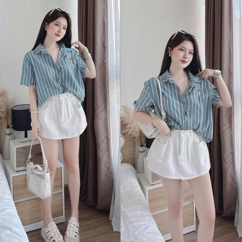 TIENSTYLE - Áo sơ mi nữ kẻ sọc Form vừa tay ngắn 2 màu đậm nhạt nút cúc màu thêu gấu+Chân Váy Jean Trắng Xoè Bồng Đồ Noel Bigsize Nữ Quần Áo Tết Nữ
