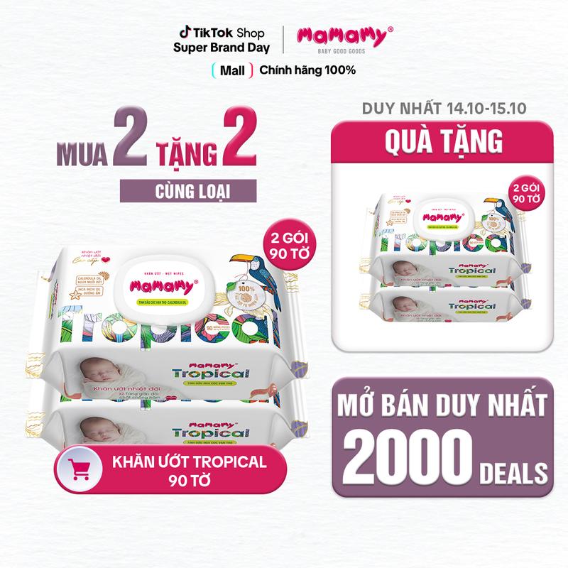 [TEASING SBD][MUA 2 TẶNG 2] MUA 2 gói khăn ướt Mamamy Tropical 90 tờ cao cấp chính hãng cho mẹ và bé, sợi vải thuần tự nhiên và rayon, x2 chất chống hăm, bổ sung tinh chất thiên nhiên TẶNG 2 gói cùng loại