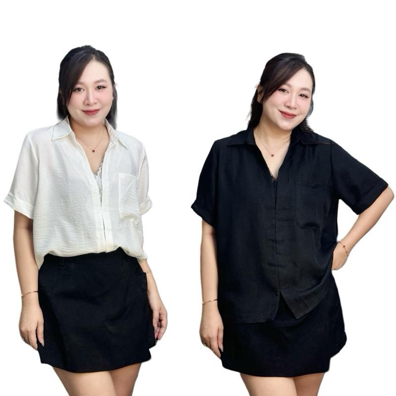 Áo sơmi cộc tay đũi cổ V phối ren CLLEE 2 màu bigsize nữ 21442 Top