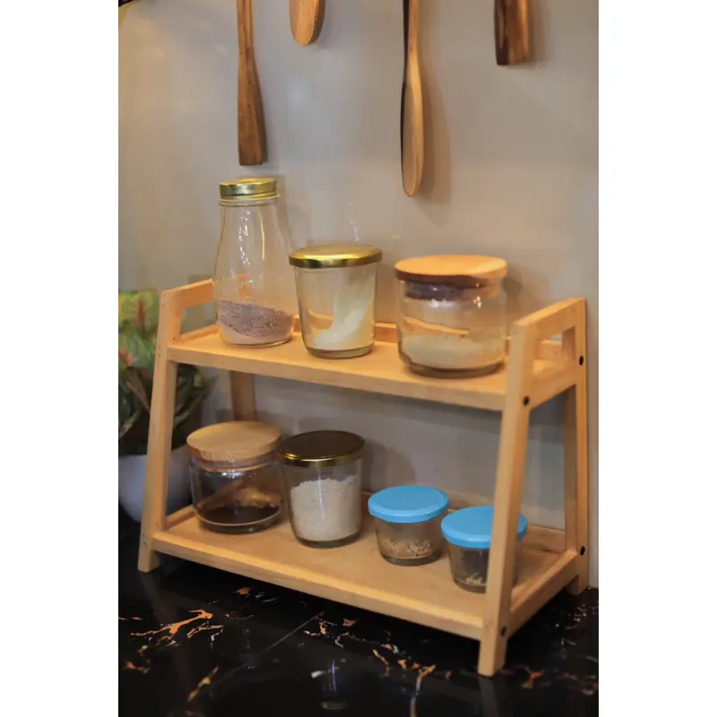 Rak dapur full kayu Rak bumbu dapur estetik Rak teh kopi gula Rak kayu 2 susun minimalis Rak 2 susun serbaguna
