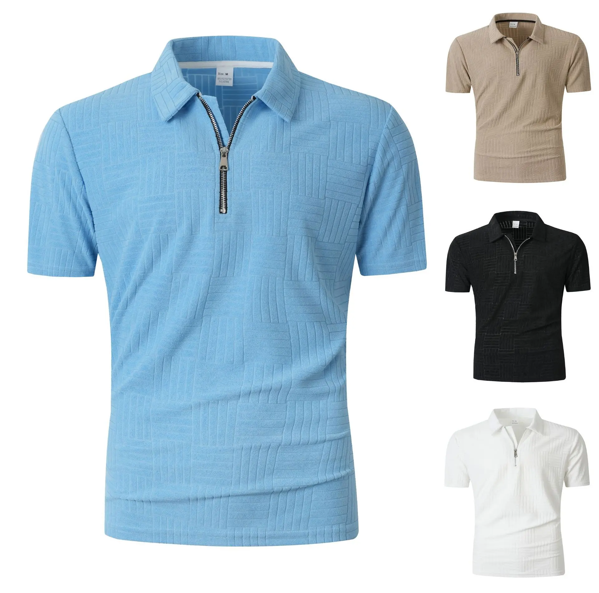 Men's T-shirts, casual slim short sleeves, striped zipper-lapel T-shirt tops, polo shirts, breathable, non-iron, moisture-wicking, fitted, short sleeves