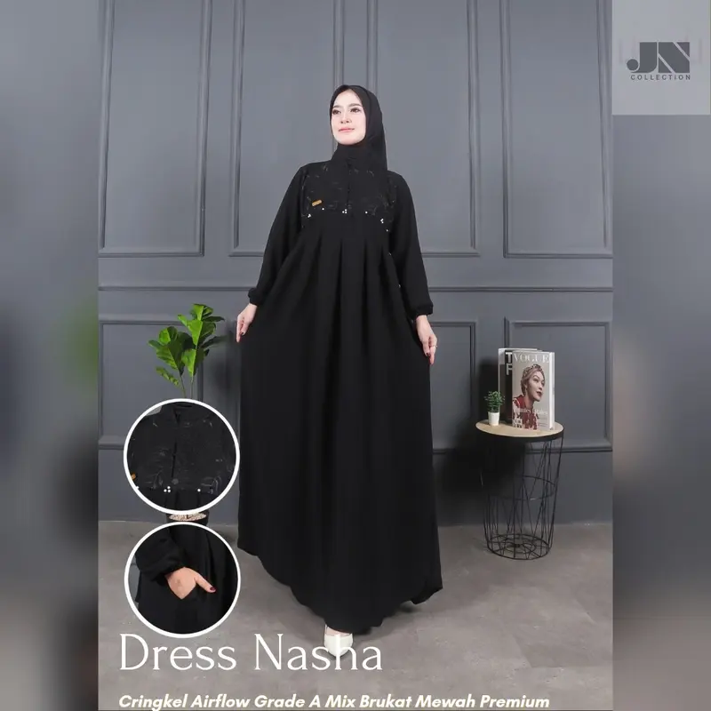 Dress Gamis Nasha Cringkel Airflow Grade A Variasi Brukat Elegan 3