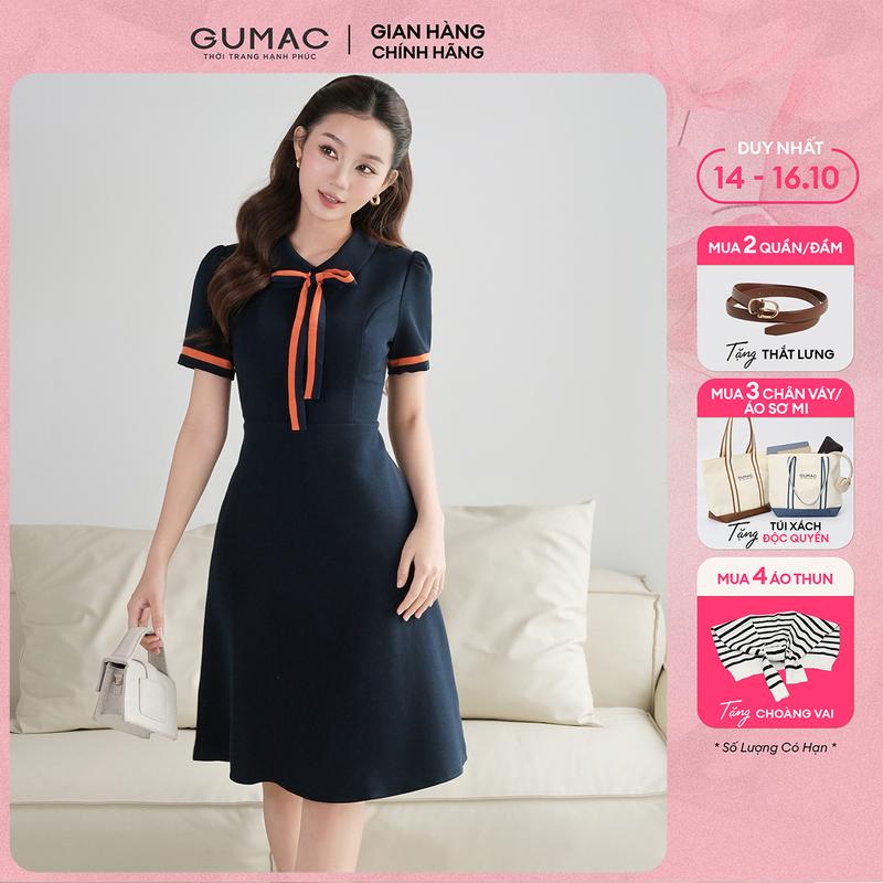 [MUA 2 TẶNG THẮT LƯNG] Đầm nữ dáng A nẹp tay phối nơ cổ thanh lịch thiết kế công sở đi chơi dạo phố thời trang GUMAC LDE0614