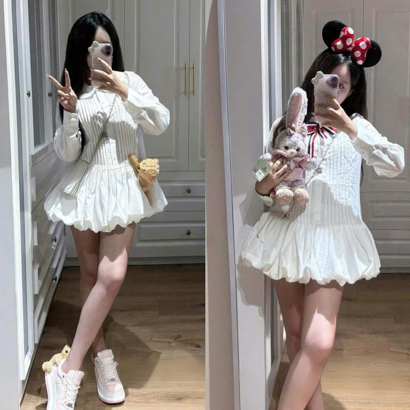   Kèm Gấu-Nơ Thome ; Váy Sơ Mi Trắng Cổ Sen Xếp Ly Ngực Dáng Babydoll Kèm Phụ Kiện Có Bảo Hộ Rời Vibe Công Chúa 