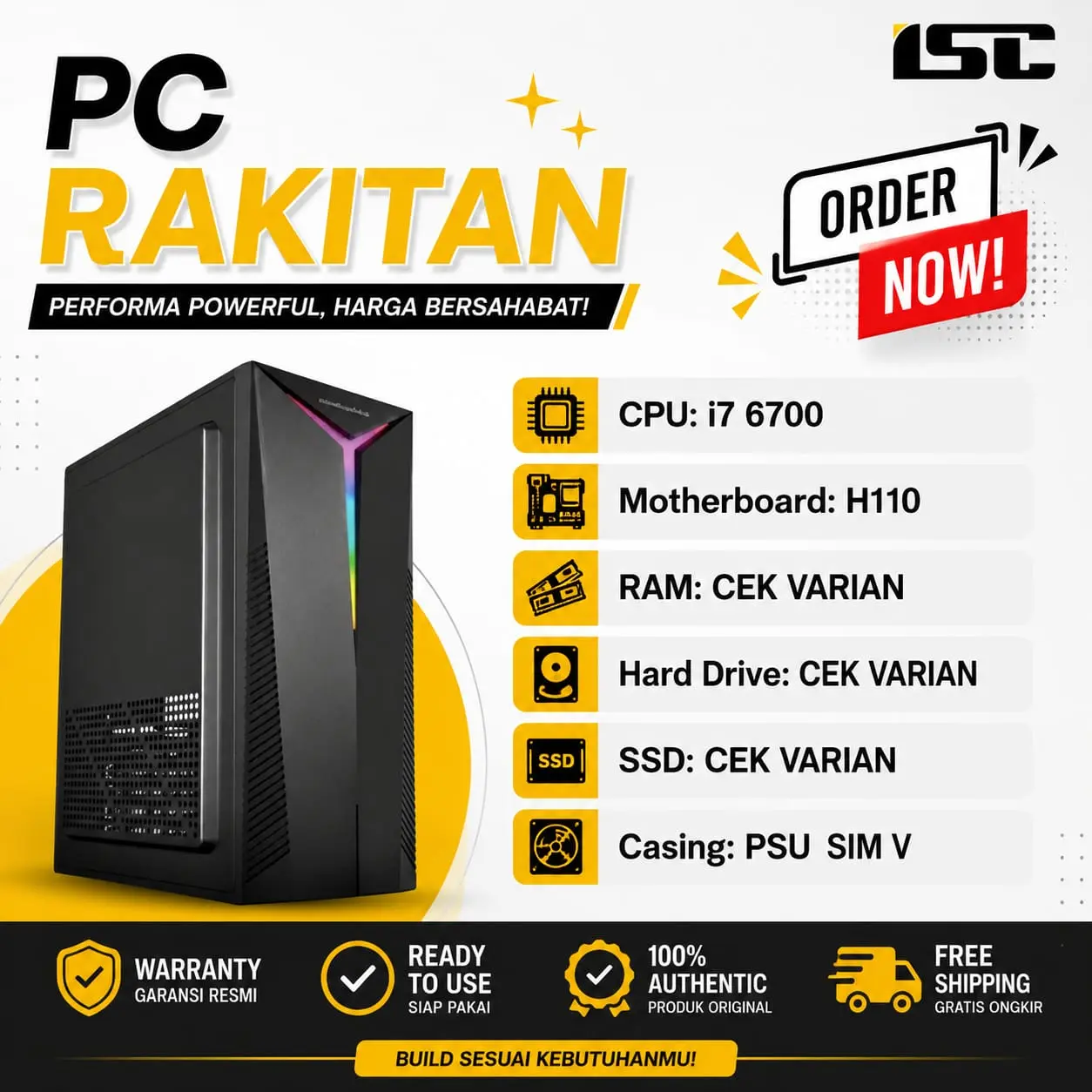 PC RAKITAN I7 6700 MB H110/RAM/SSD/HDD CEK VARIAN CASING PSU SIM V