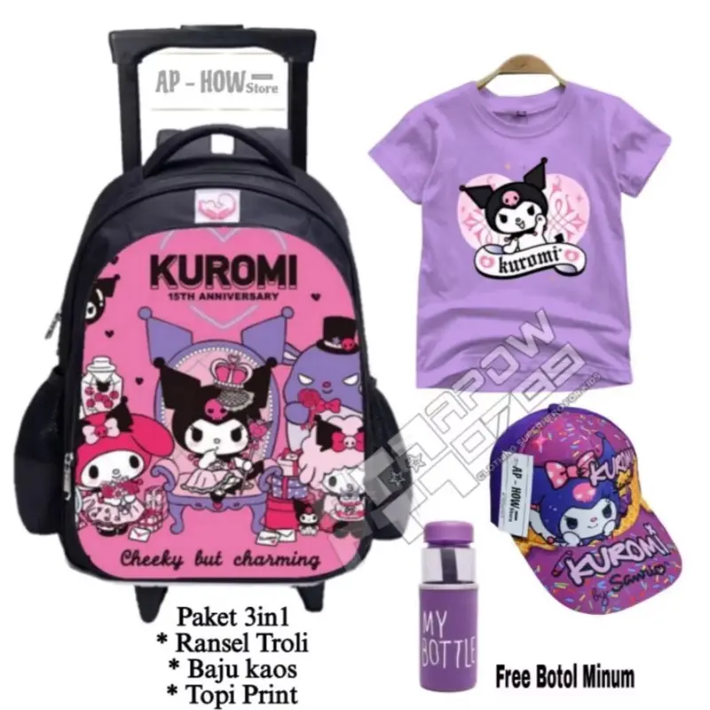 Paket Hemat Ransel Troli Anak Perempuan Motif Kuromi, Gratis Botol Minum, Tas Ransel Sekolah Anak Perempuan TK & SD - Fashion 1