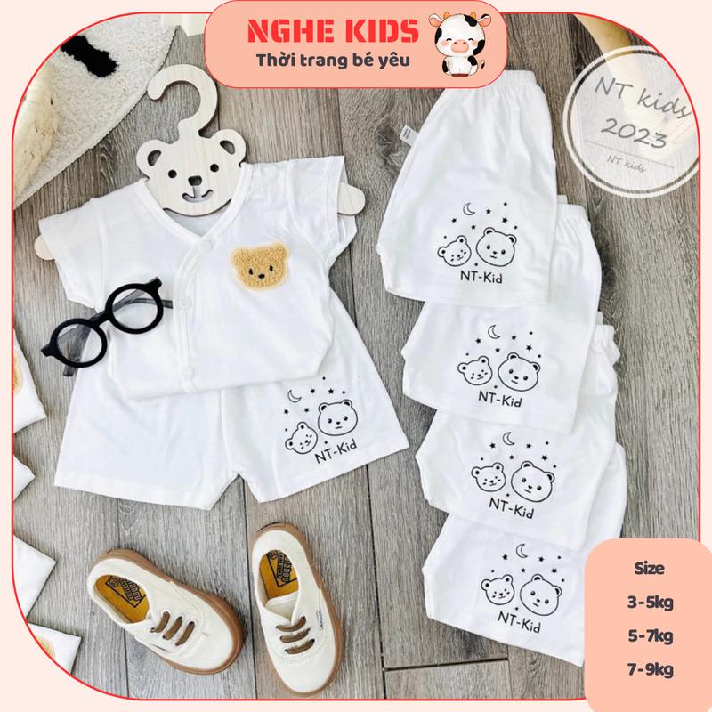 Đồ bộ sơ sinh thun lạnh peptit Bộ cộc tay trắng gấu nâu cho bé trai bé gái NT Kids Áo Thun