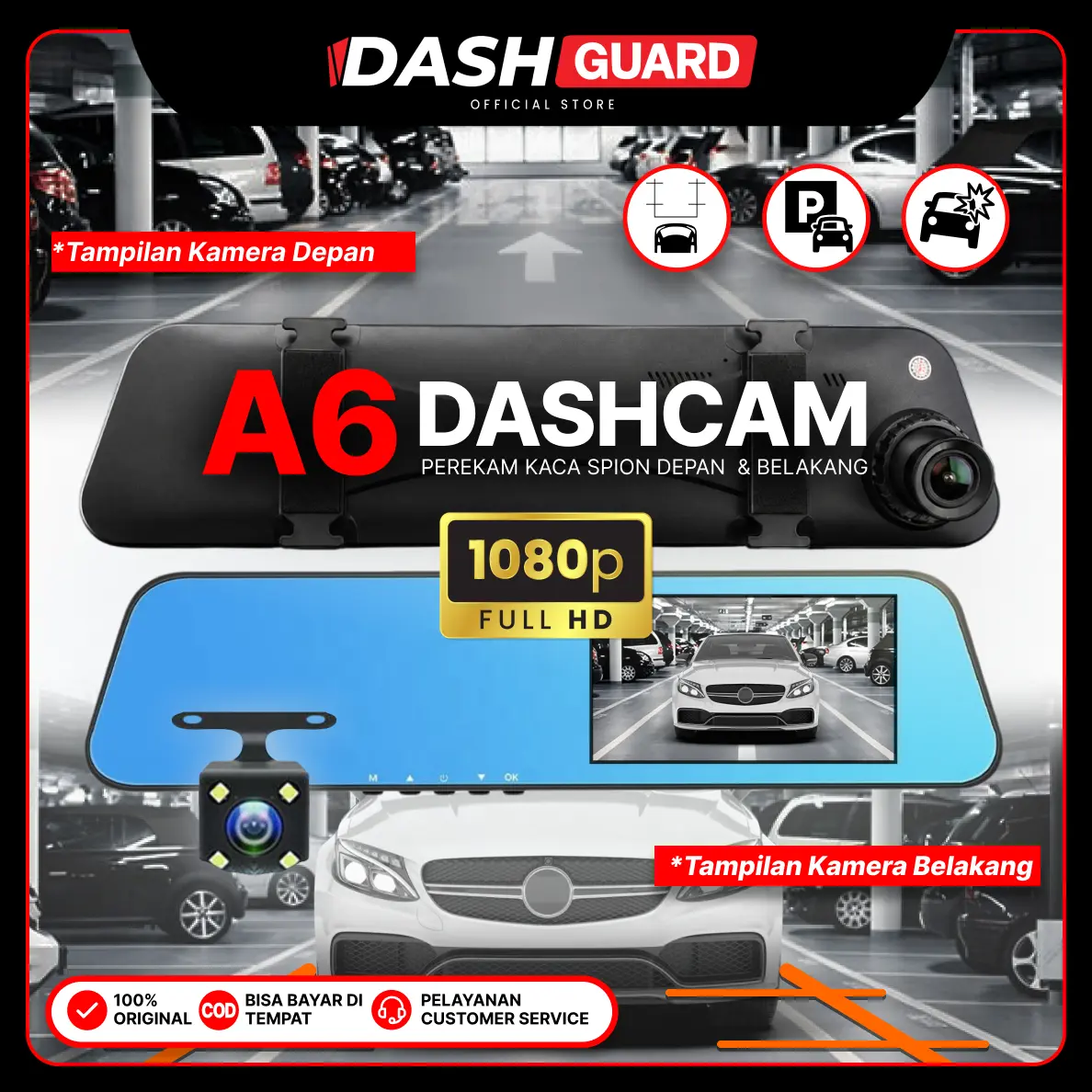 [COD] DASH GUARD Dash Cam A6-Series Front 1080p Rear 480p Night Vision Mode Dashcam Keamanan Mobil Kamera