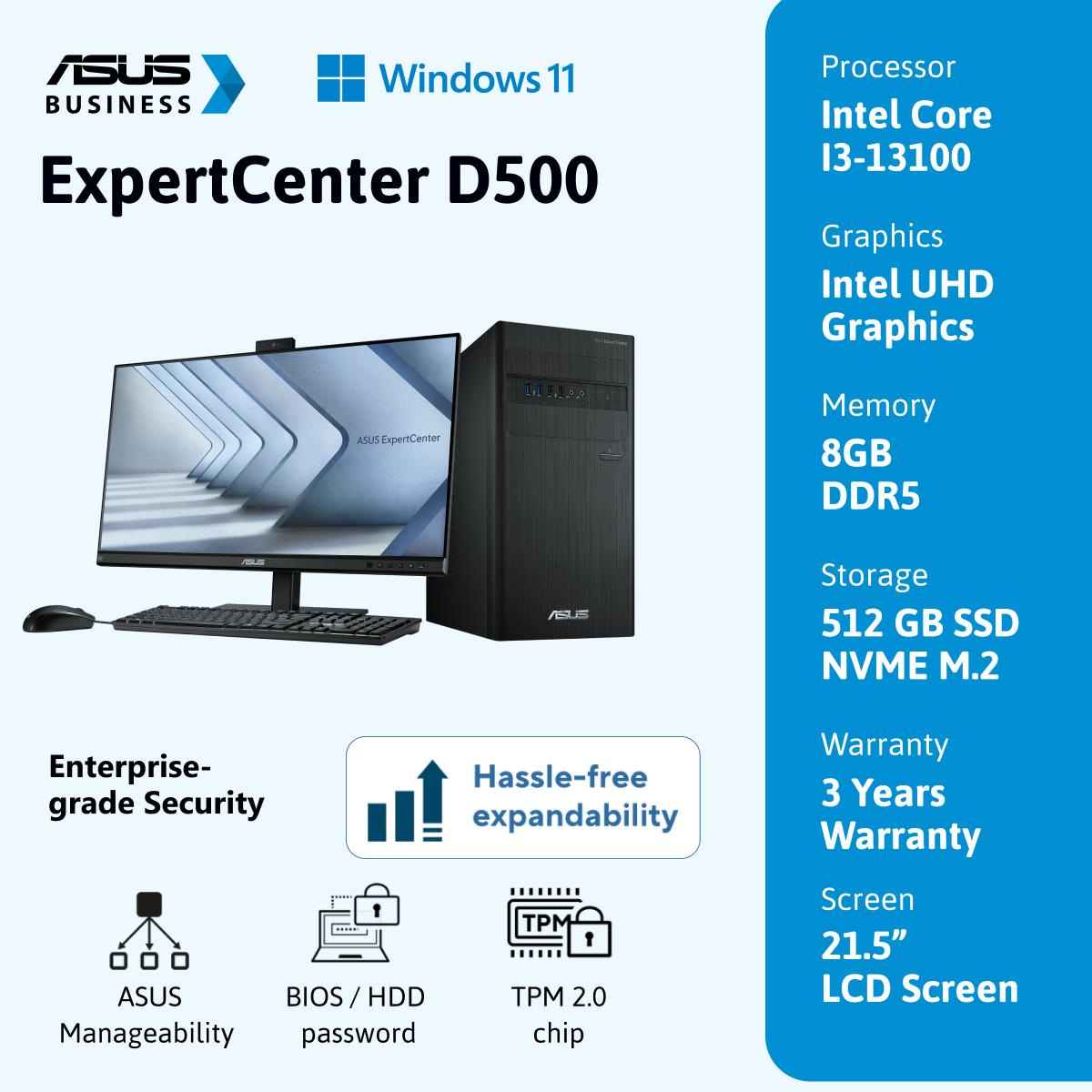 ASUS PC DESKTOP ExpertCenter D500TE-380500033W Intel Core I3-13100U 8GB 512GB SSD Windows 11 Home Garansi 3 Tahun + LCD Monitor 21.5