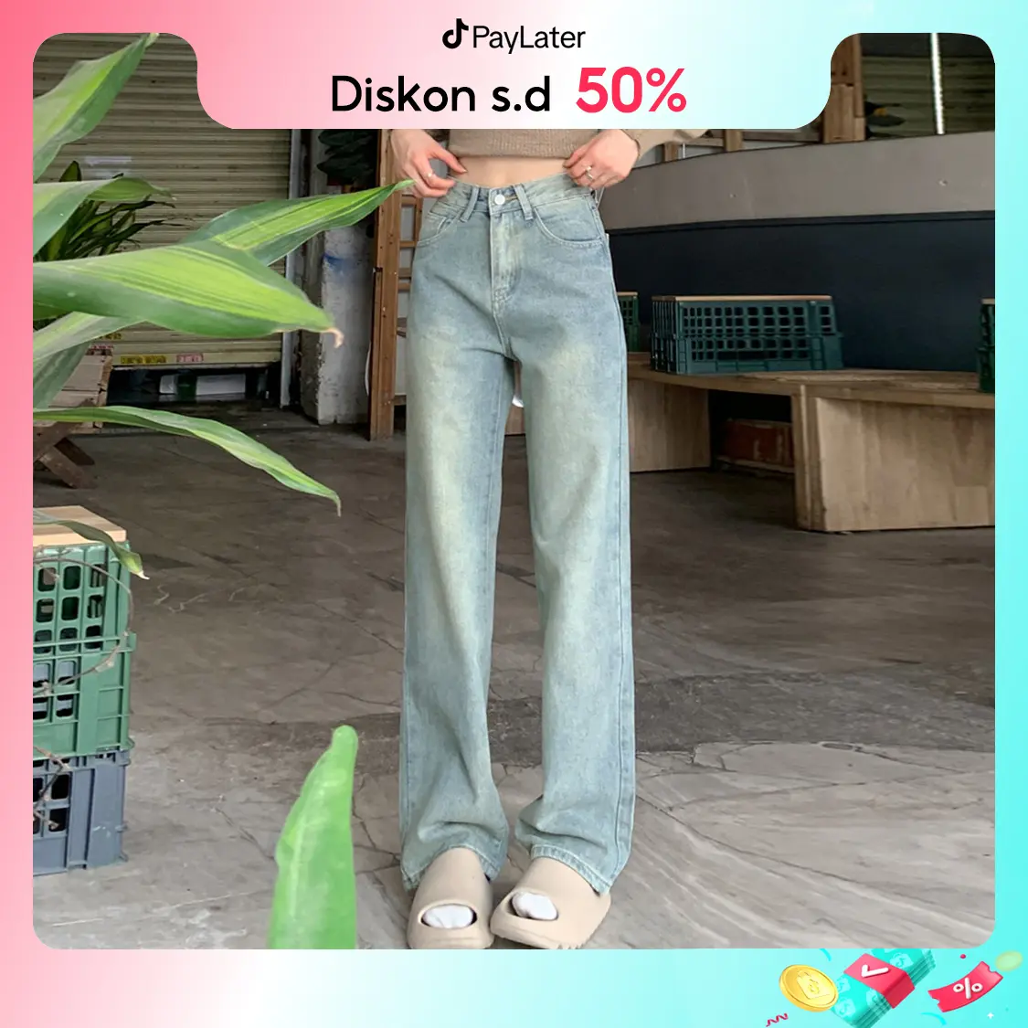 2206# Retro Straight Celana Jeans Panjang Wanita Loose High Waisted Wide Leg Pants