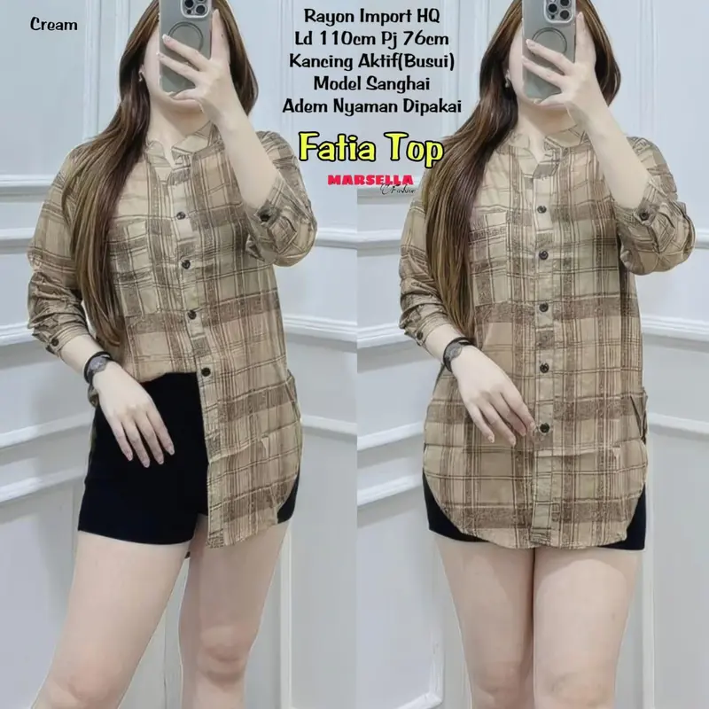 BLOUSE RAYON WANITA MOTIF KOTAK KOTAK TERBARU LENGAN 7/8 PAKAIAN WANITA BAJU ATASAN KEKINIAN 0