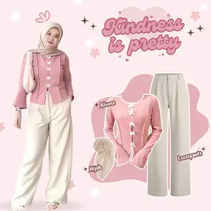 Outfit Hijab Remaja 3in1 Cute Style – Pinky Blouse, Celana Loose, & Hijab Segi Empat , ST7