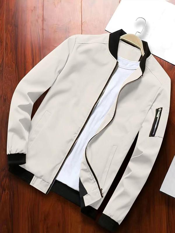 Men's Solid Zip Up Bomber Jacket, Regular Fit Casual Baseball Collar Long Sleeve Outerwear for Spring & Fall, Fashion Men's Clothes for Daily Wear, Coats 0