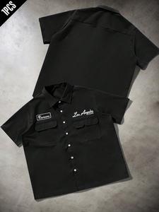 ワークウェアシャツ｜ヴィンテージ「ロサンゼルス」レタープリント半袖｜ドッブルトレンチ風のゆったりシルエット・両サイドポケット付き｜夏にぴったりのストリートスタイルピース🔥 #メンズファッション #ワークウェアスタイル #OOTD #TikTok Finds #夏コーデ