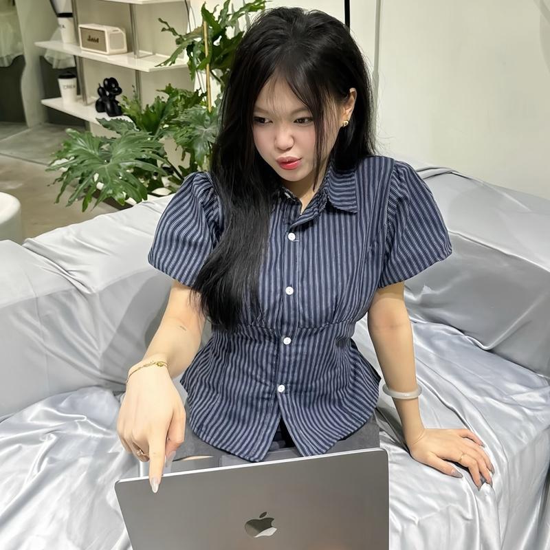   HÀNG LOẠI 1  Áo Sơ Mi Kẻ Sọc tay Bồng Chiết Eo Tôn Dáng kèm dây buộc sau-Có bigsize 