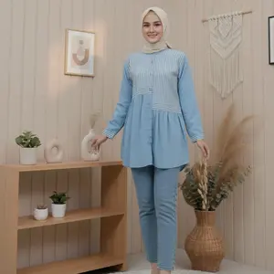 Blues STEVIA Atasan Wanita Kekininan Viral Terbaru Bahan Katun Mix Salur Toyobo Desain Unik Nyaman Dipakai Tampil Modis