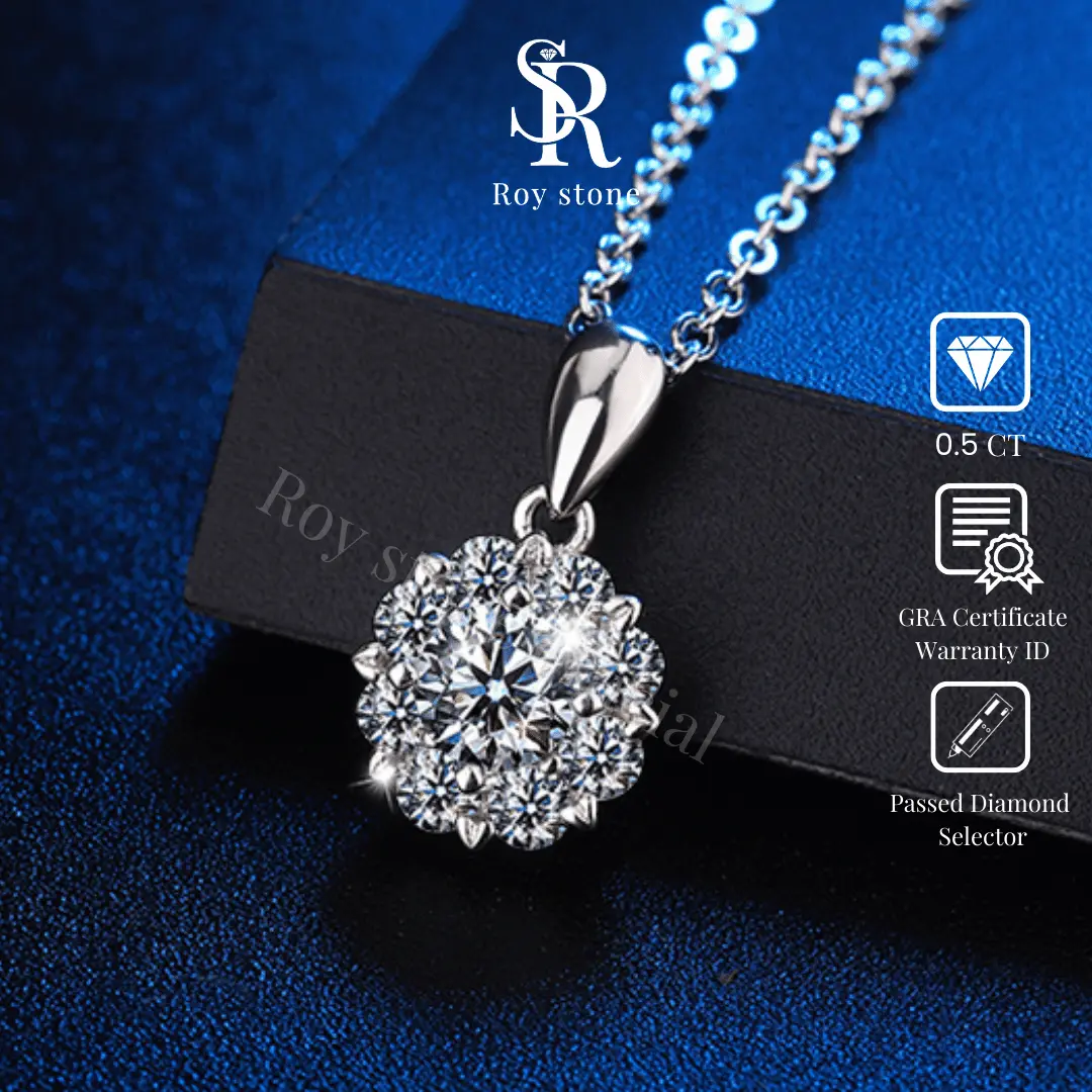RoyStone – Kalung Moissanite Original Wanita Sertifikat GRA Perhiasan Silver Asli Lapis Emas Putih 18K Anti Karat Desain Simpel Elegan Wedding Engagement Necklace Birthday Gift_ Flower Necklace