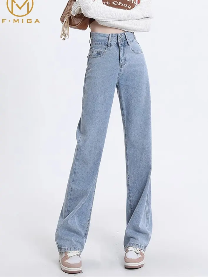 F·MIGA C23 Bagy Korea style Highwaist Berkancing Ganda Straight Loose Panjang Celana Jeans Wanita - Biru