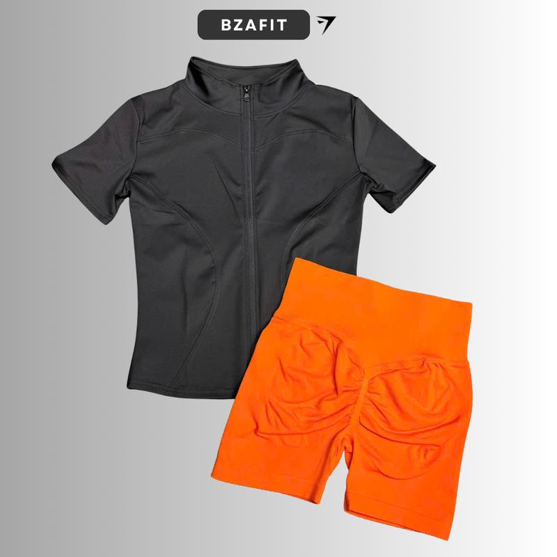 Bộ quần áo tập gym,yoga ( áo cổ trụ kéo khóa + quần short dệt chun mông) From Ôm Body Tôn Form,Tôn Dáng GB313