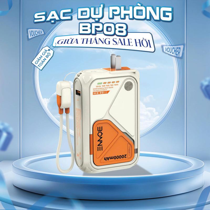 Sạc Dự Phòng Bonne TECHNOLOGIQUE BP08 10.000mAh/20.000mAh Không Dây Kiêm Củ Sạc Nhanh Bảo Hành 12 Tháng