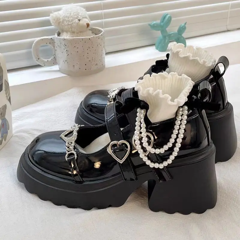 Women's Pearl Design Mary Jane Shoes Korean Student Black Shoes Thick Heels School Shoes 2.75in