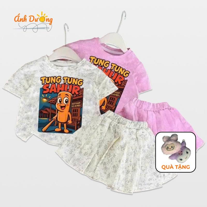   Tặng mặt gấu bông  Set đồ bé gái chân váy CÓ LÓT áo thun  TUNG TUNG IN LOANG 2 MÀU  cotton su ANAD2 