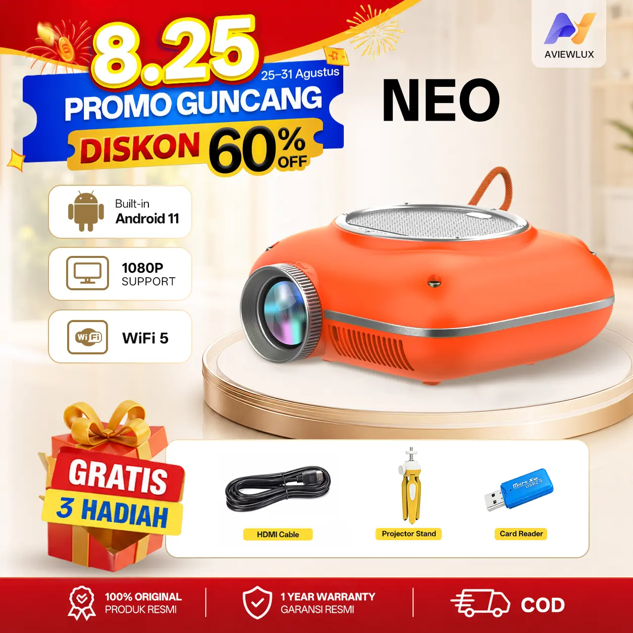 AVIEWLUX AERO Smart LCD Proyektor - Android 11 - 400 ANSI -  1080P Decoding - WiFi 5 & Bluetooth -  Auto Keystone  -  Mini Projector -kipas angin portable