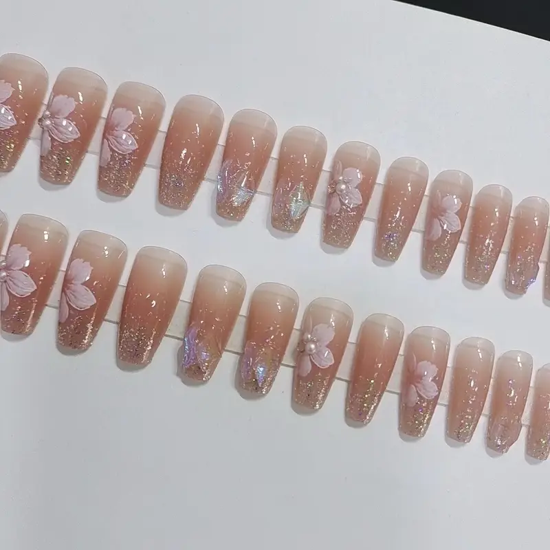 B735 kuku palsu pendek fake nails pendek bunga warna soft simple elegan 2