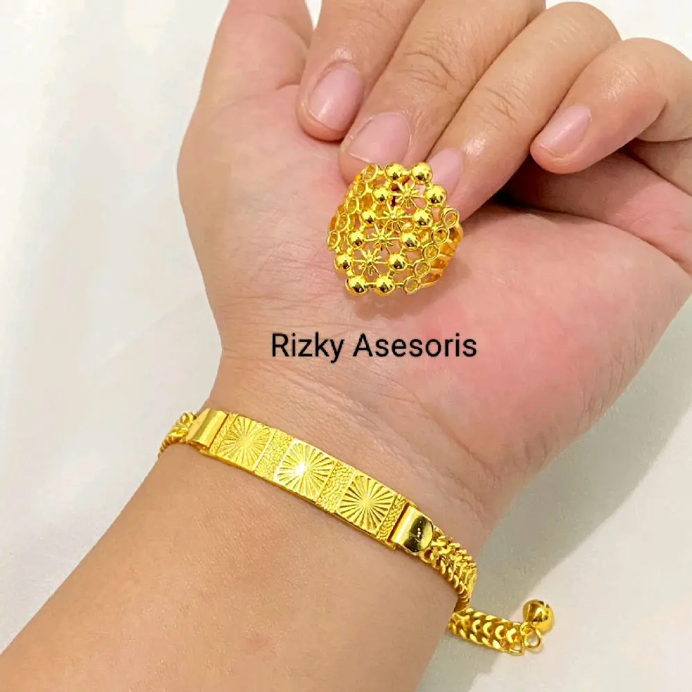 Set Perhiasan Gelang Tikar Free Cincin Warna Emas 24 K