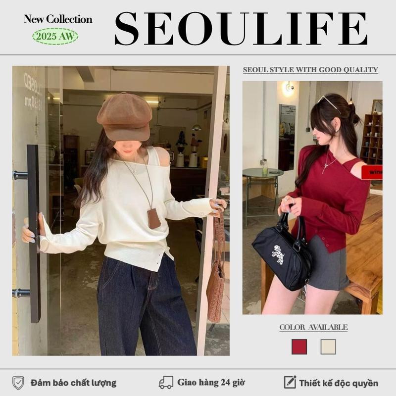 SEOULIFE| Áo phông nữ trễ vai dài tay,áo ôm eo kiểu nữ tôn dáng áo kiểu nữ hot trend 2025 Ôm Sát Eo Áo Ruy Băng Sành Điệu len nữ kiểu đẹp,thiết kế ruy băng sành điệu