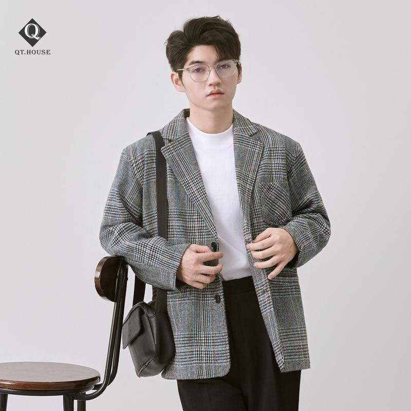 Áo khoác blazer nam Qthouse form rộng vải dạ kẻ vintage phong cách Hàn Quốc
