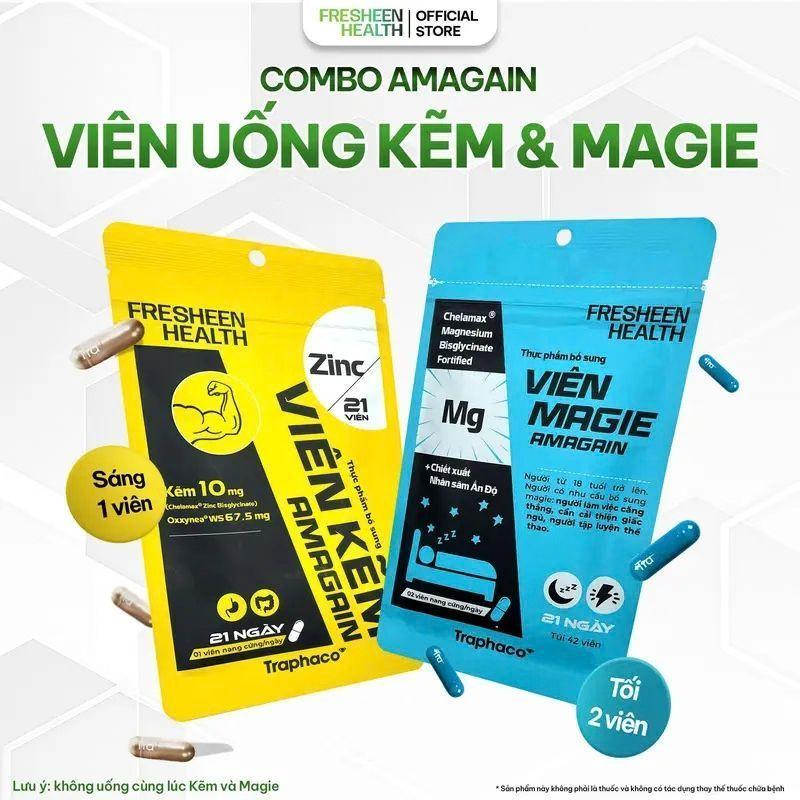 Combo Kẽm + Magie Amagain dùng nguyên liệu Kẽm và Magie Bisglycinate Chelamax nhập Innophos phân phối từ Fresheen Health