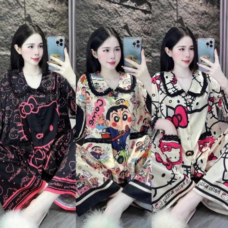   40-58kg  bộ đồ ngủ TAY LỞ FOM DƠI FREESIZE  pijama LỤA MỊN LATIN TƠ TẰM nền kem mềm mịn mát 