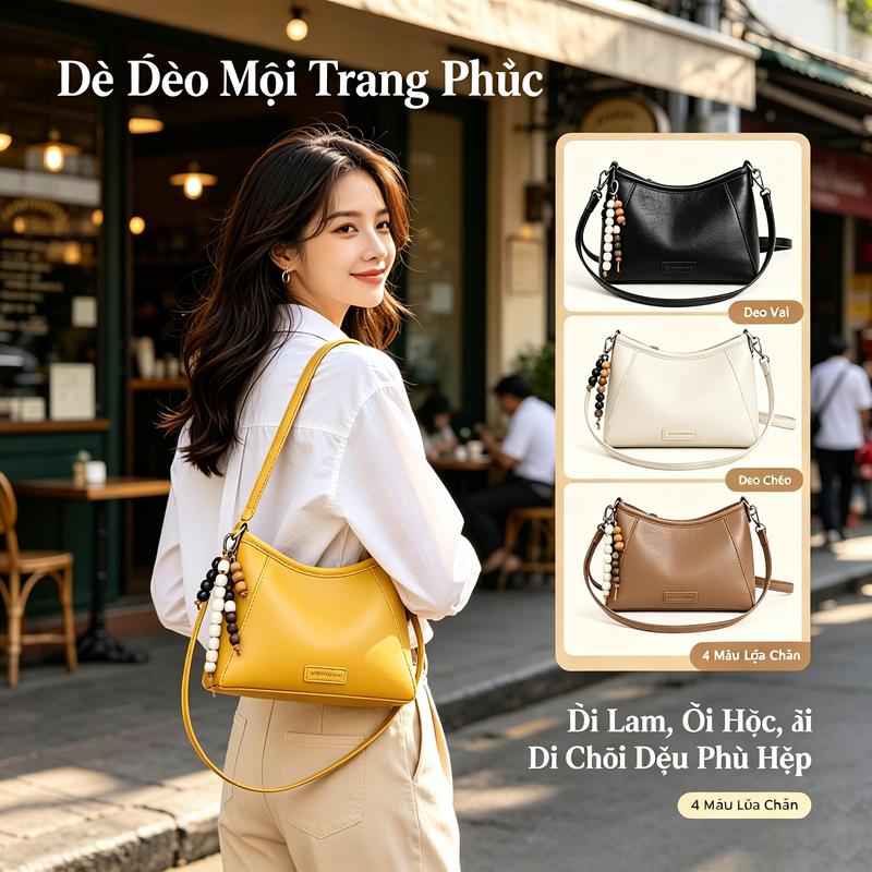 （kèm charm）Túi kẹp nách da mềm màu đen phong cách Hàn Quốc tối giản, chất liệu cổ điển, dáng bánh mì, dây đeo vai có thể tháo rời, đeo vai hoặc đeo chéo, túi nhỏ đi làm hằng ngày