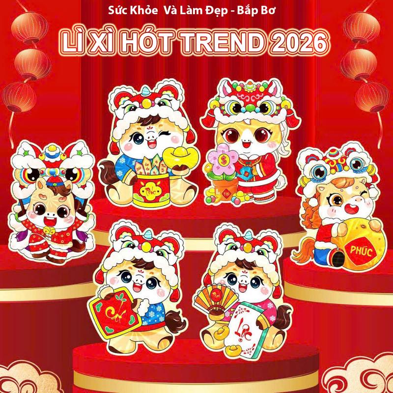 COMBO 50 - 100 Bao Lì Xì Chibi Siêu Cute Dễ Thương Bính Ngọ 2026, Hoạ Tiết 3D Phản Quang Lấp Lánh Chất Liệu Giấy Cực Dày Cáng Bóng Mịn Màng