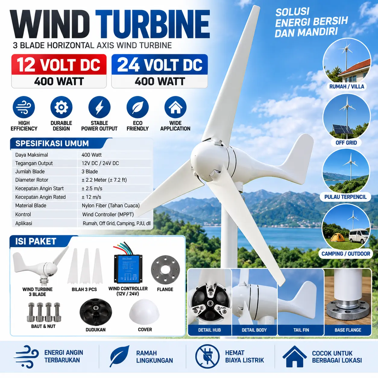 400W wind turbine turbin listrik tenaga angin panel kincir udara