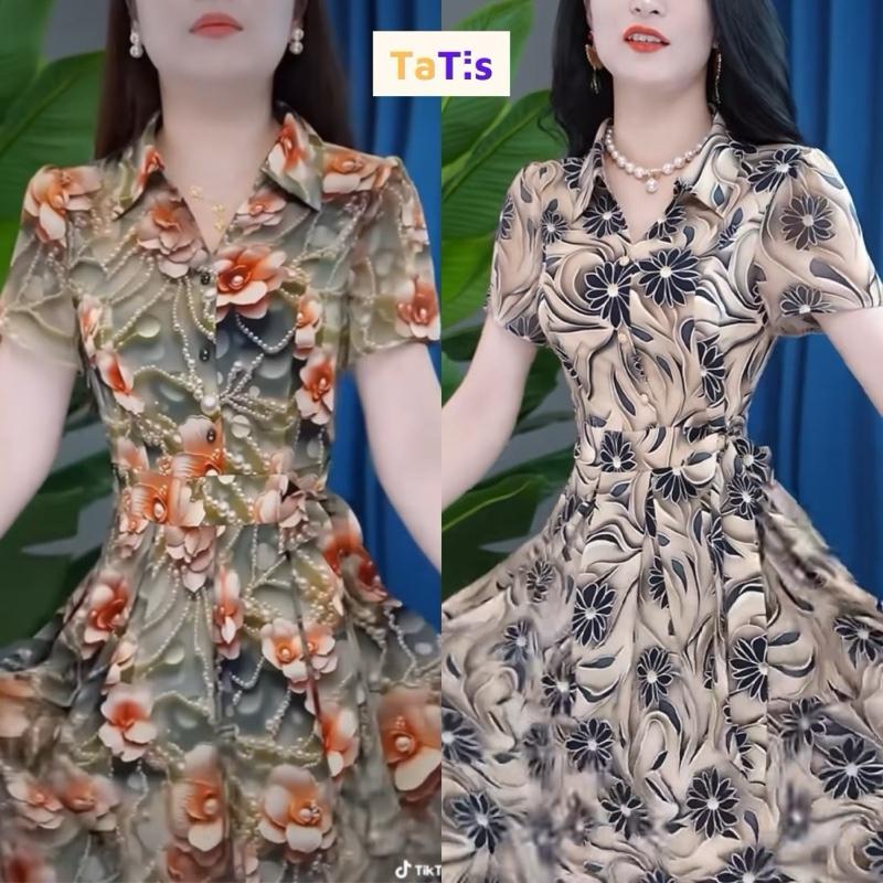 Đầm Trung Niên Cho Mẹ Dự Tiệc Sang Trọng, Váy Nữ Váy Sơ Mi Tay Lỡ, Đầm Xoè Chất Lụa 3D Mềm Mát - Đầm 3D