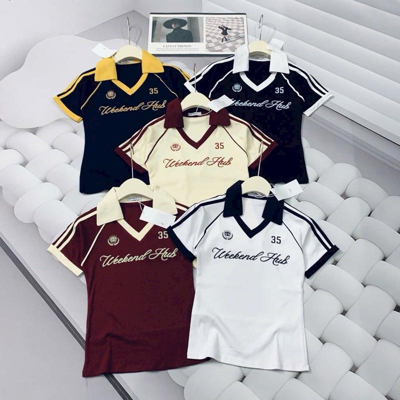 Áo thun polo cổ trụ chất Borip co giản 4 chiều from áo Baby Tee kiểu dáng ôm phối viền- Mã ao cổ viền in chữ số 35