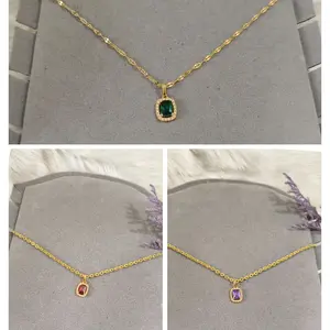 KALUNG TITANIUM LIONTIN PERMATA MERAH , UNGU, HIJAUTITANIUM ANTI GATAL ANTI LUNTUR