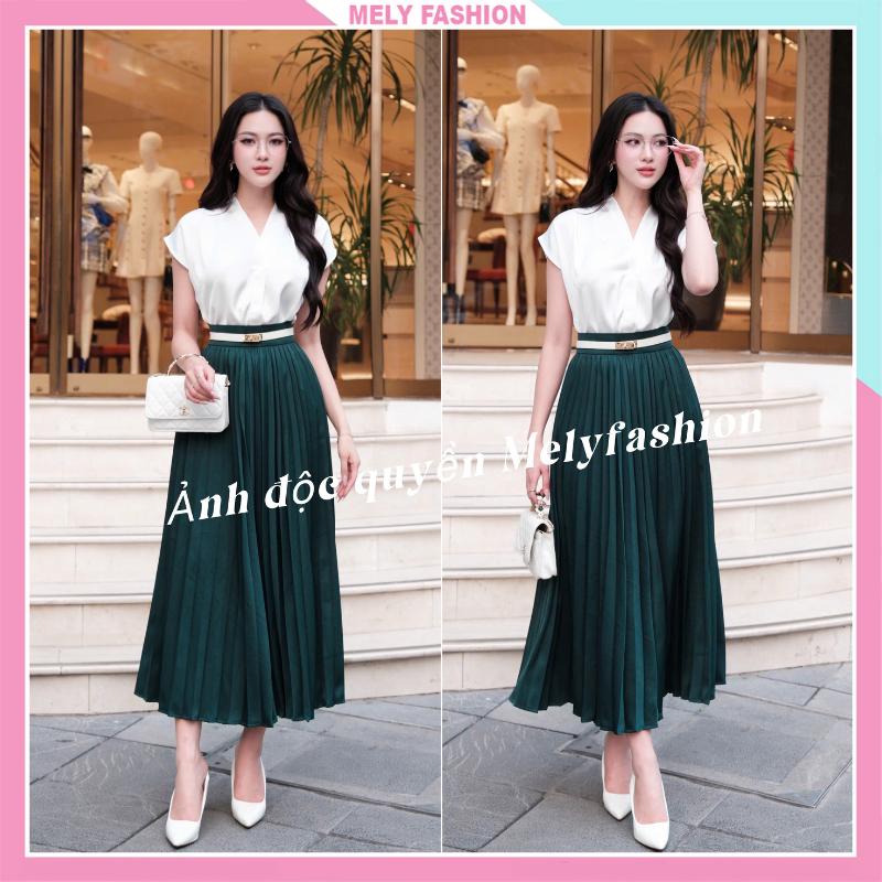 Chân váy xếp ly nhỏ dáng dài Midi xòe cạp cao chất chéo hàn cao cấp có big size đi làm đi chơi đều xinh CV112