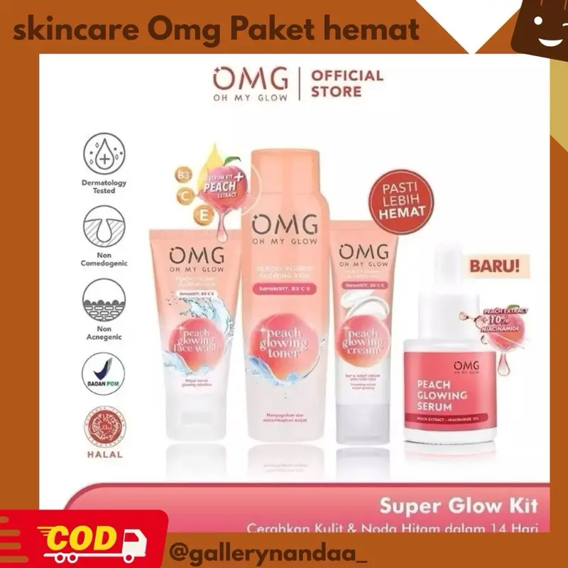 Paket Hemat Skincare OMG dengan Kacamata Normal Unisex dari Korea - Wanita, Perawatan, Pria bisa pakai /OMG Oh My Glow Peach Glowing Face Wash Untuk Semua Jenis Kulit 50 gr Satu-satunya pembersih wajah dengan teknologi terkini yang mengandung peach extrac 0