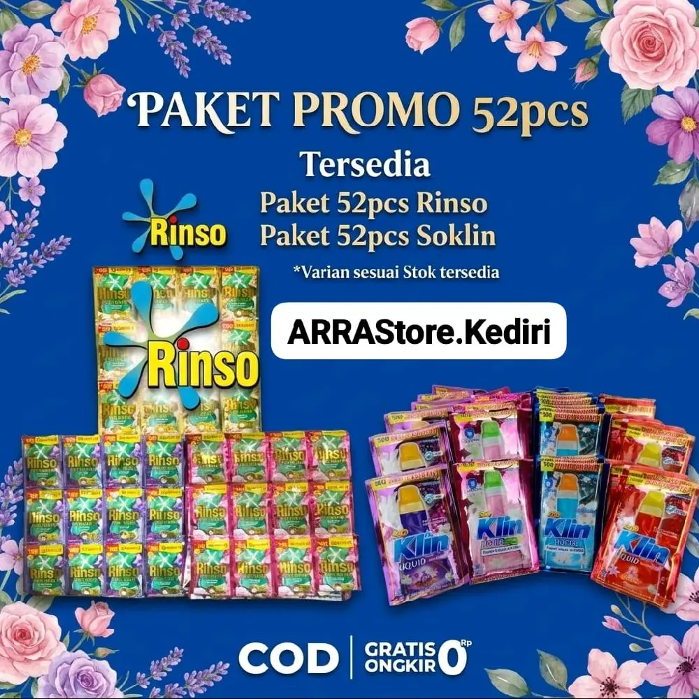 Paket 52Pcs Rinso / 52Pcs Soklin Deterjen Cair Kemasan 500an Deterjen Cair Rinso 52pcs Soklin 52pcs Sesuai Kebutuhan Anda